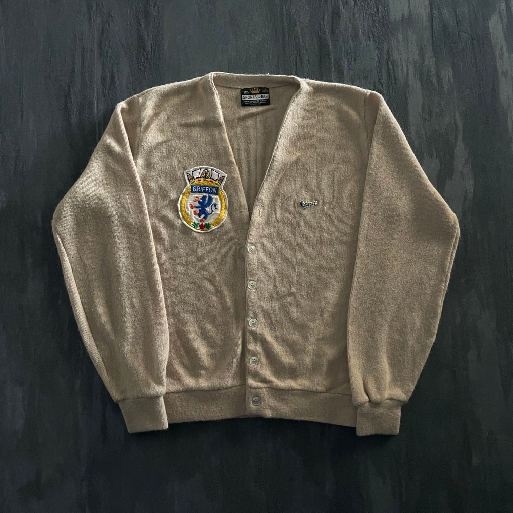 Vintage Orlon Crest Patch Cardigan Mens S‎ beige 70s Sportswear